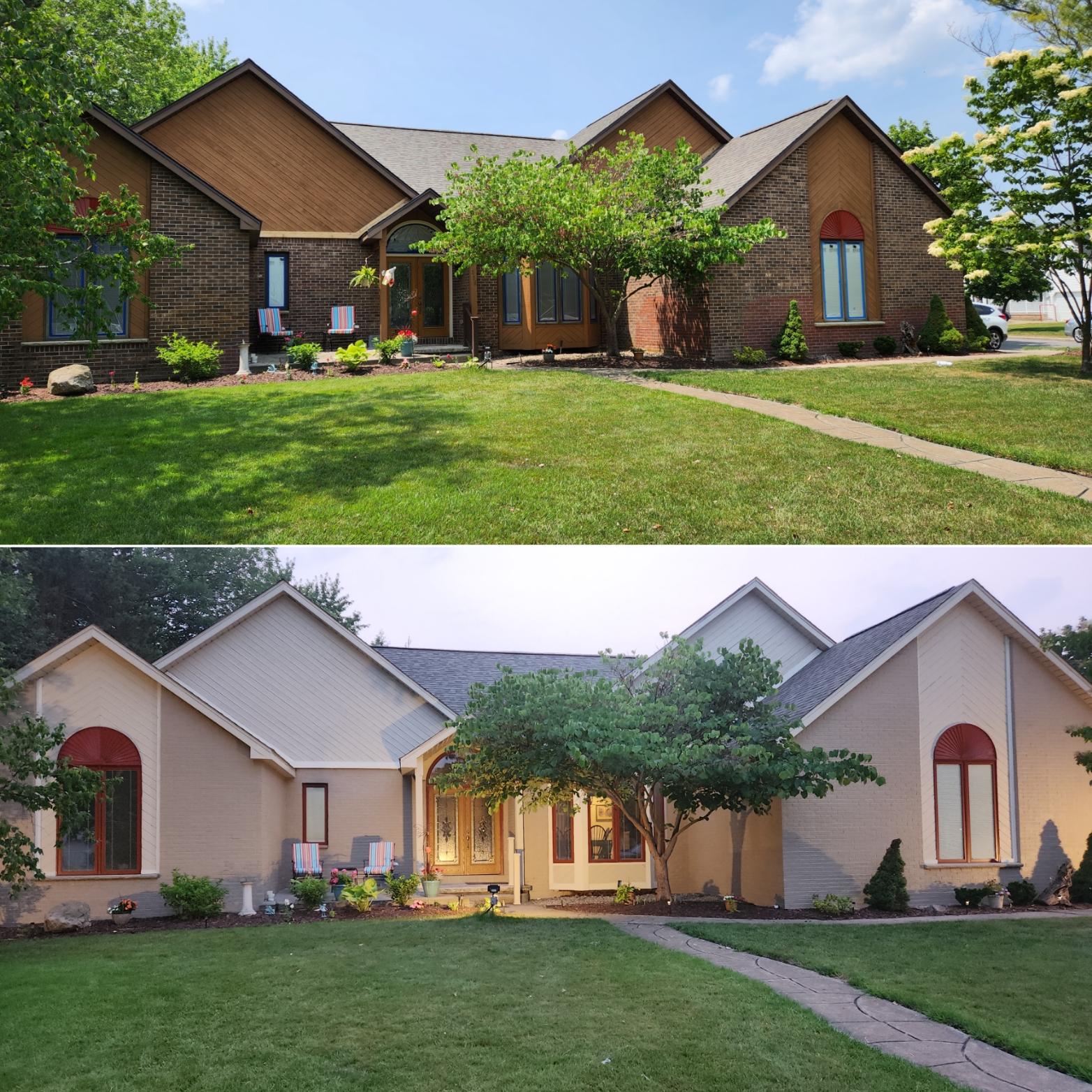 before and after exterior painting of brown brick home