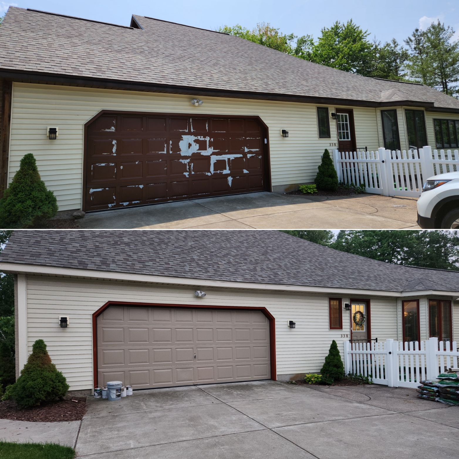 before and after painting of brown garage door