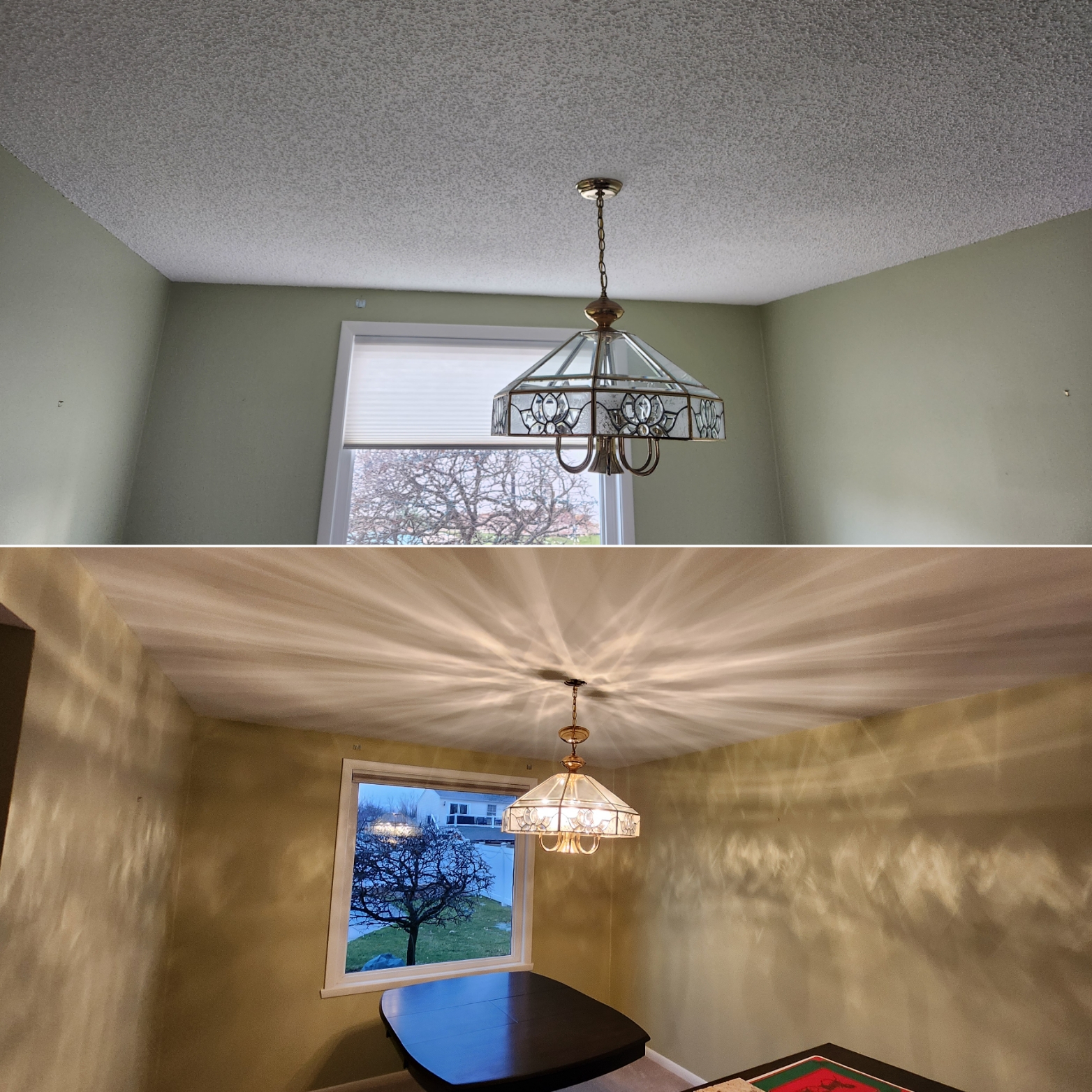 before and after popcorn ceiling removal in home